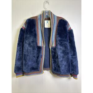 Sparrow Anthropologie Cardigan Jacket Womens L Wool Lined Faux Fur Navy Blue